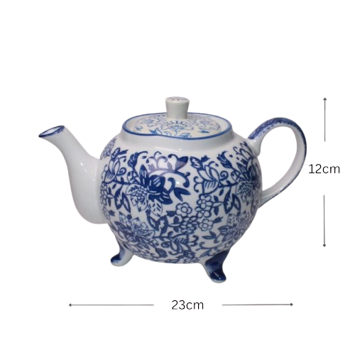 Footed Porcelain Teapot With Floral Blue & White Pattern