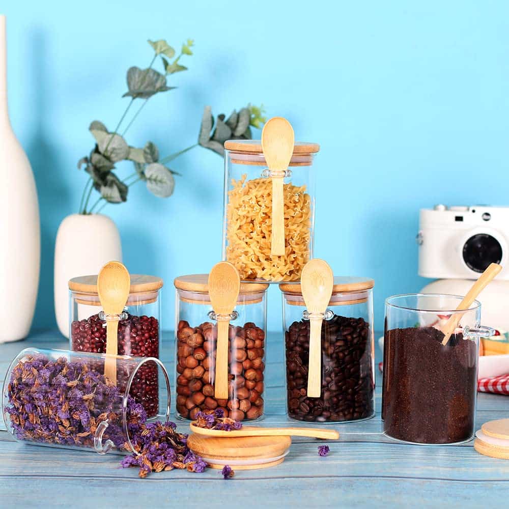500 ML Glass Food Storage Container with Bamboo Lids and Wooden Spoons for Overnight Oats Containers Spices Tea Sugar and Coffee