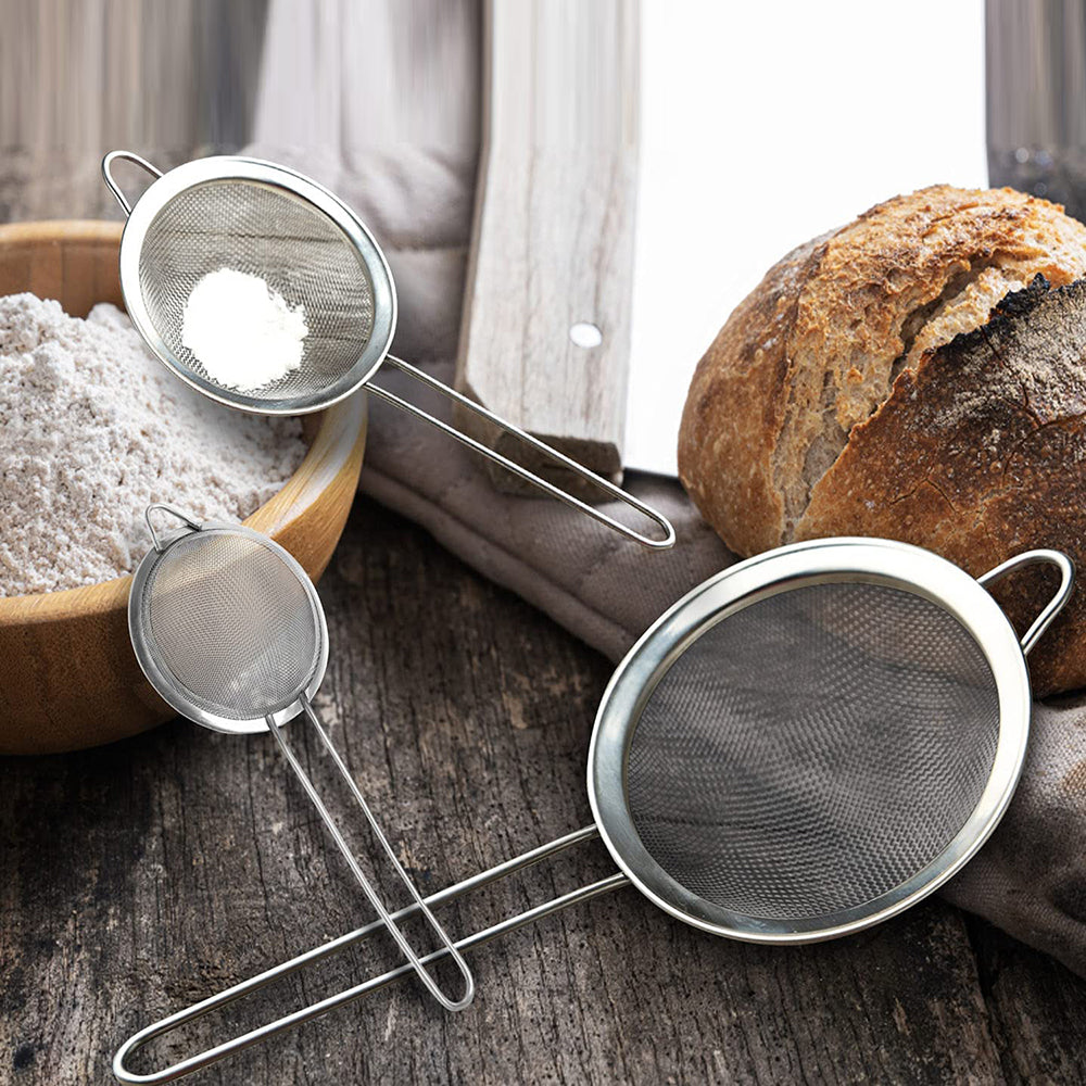 Set of 3 Stainless Steel Filter Strainer with Handle Fine Mesh Sieve Strainer for Tea Leaf Coffee Powder Flour Silver