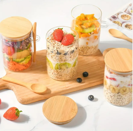 500 ML Glass Food Storage Container with Bamboo Lids and Wooden Spoons for Overnight Oats Containers Spices Tea Sugar and Coffee