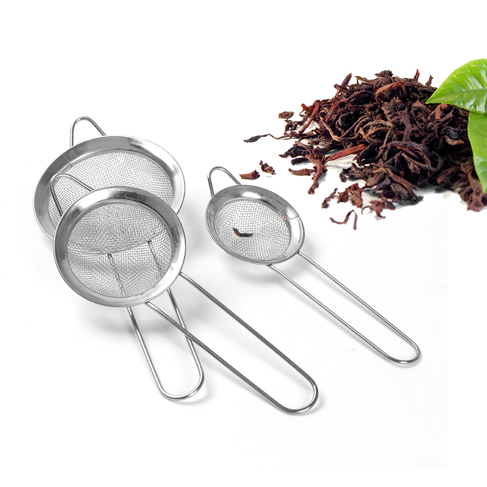 Set of 3 Stainless Steel Filter Strainer with Handle Fine Mesh Sieve Strainer for Tea Leaf Coffee Powder Flour Silver