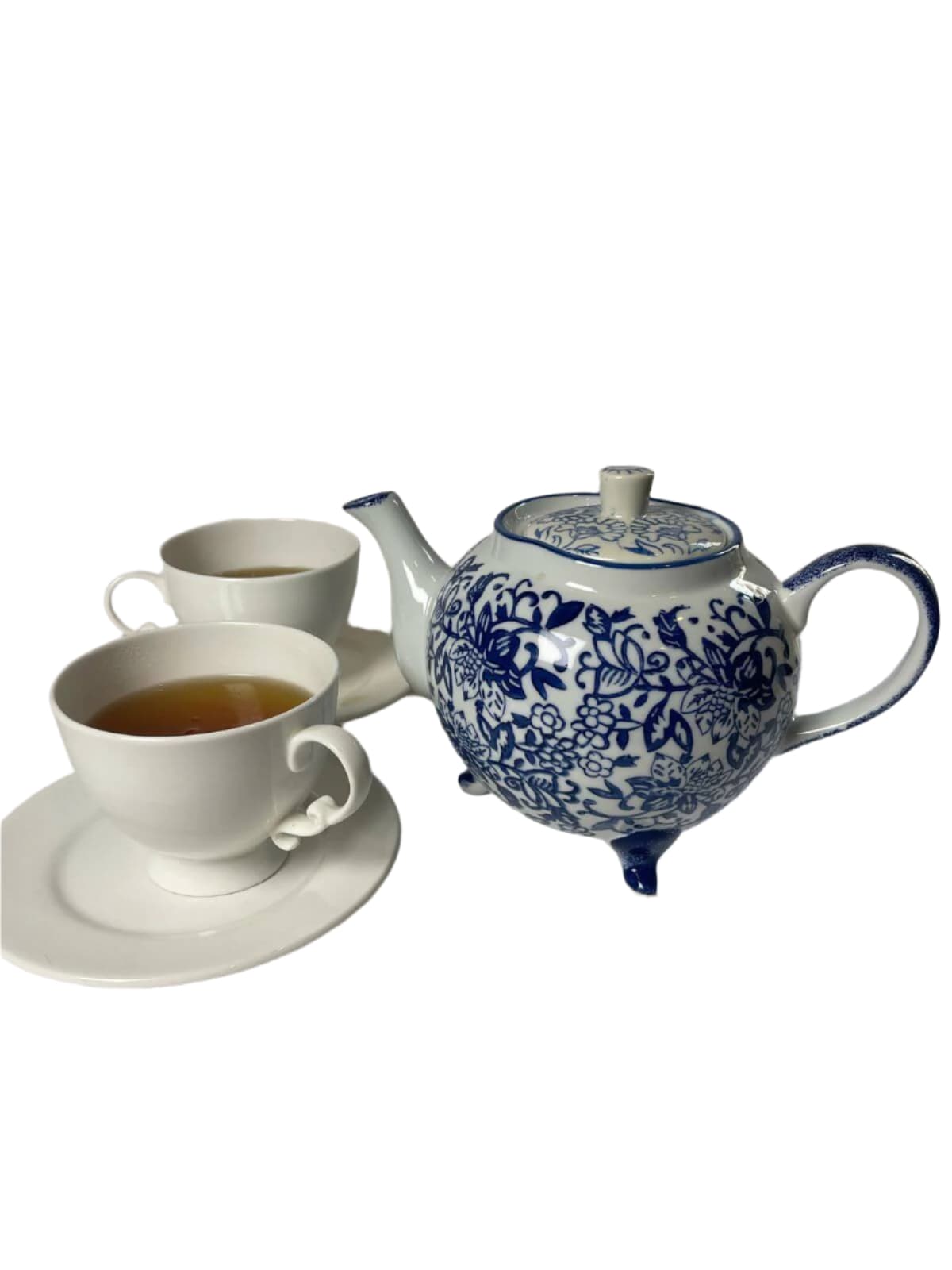 Footed Porcelain Teapot With Floral Blue & White Pattern