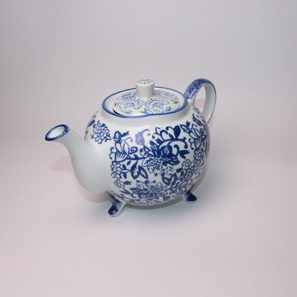 Footed Porcelain Teapot With Floral Blue & White Pattern